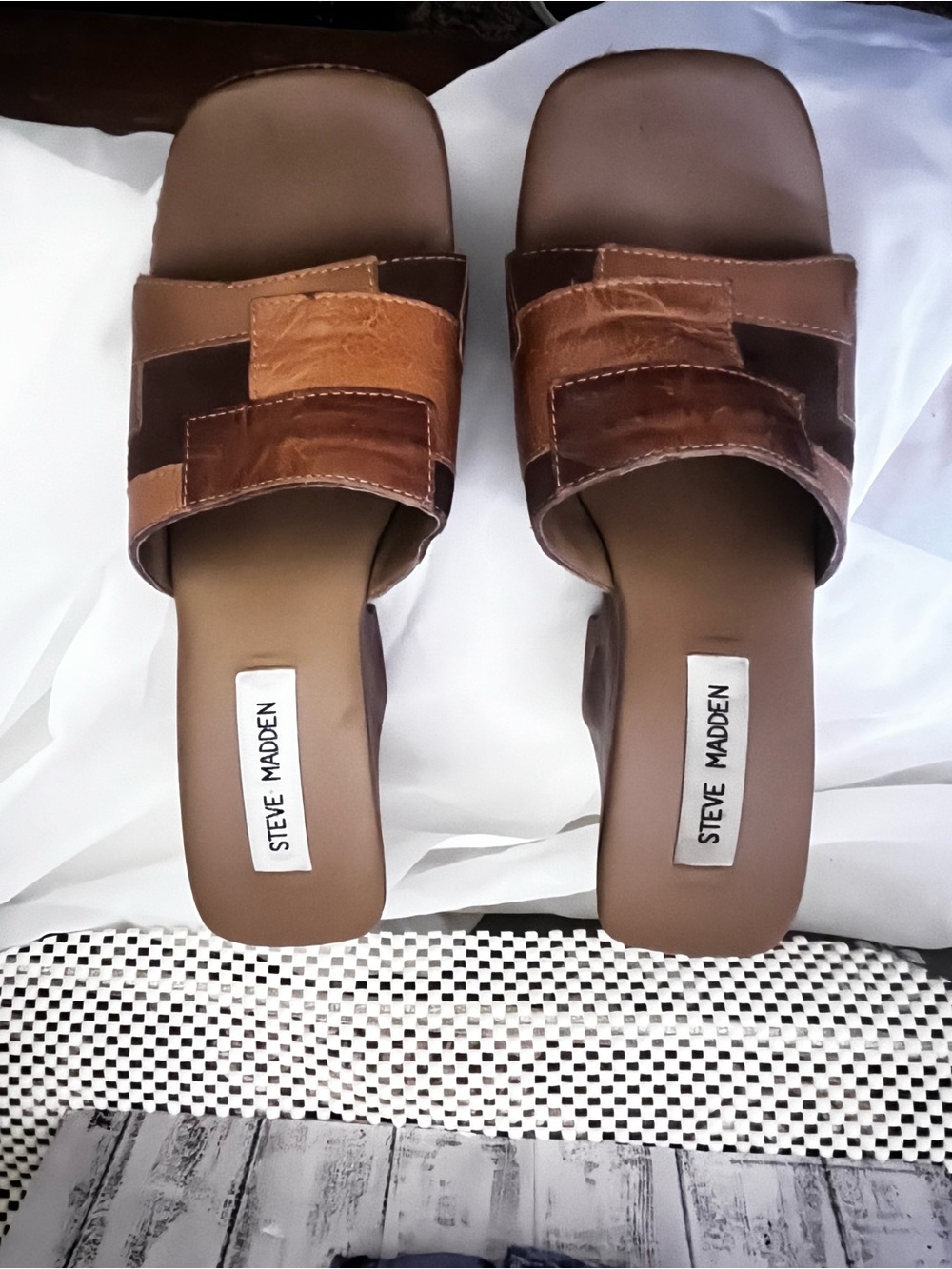Steve Madden Tan and Dark Brown Patchwork Wedge Mules - Picture 2 of 3